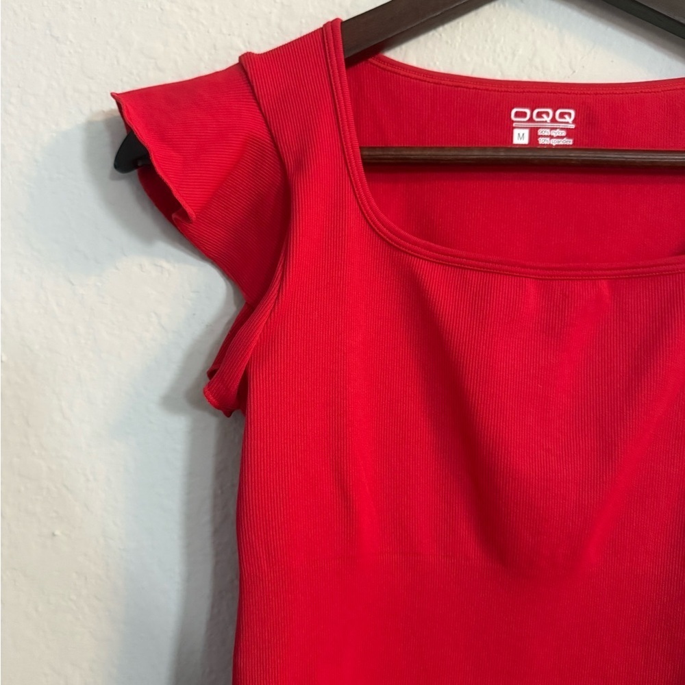 OQQ Red Ruffled Flutter Sleeve Ribbed Bodysuit - Picture 4 of 7